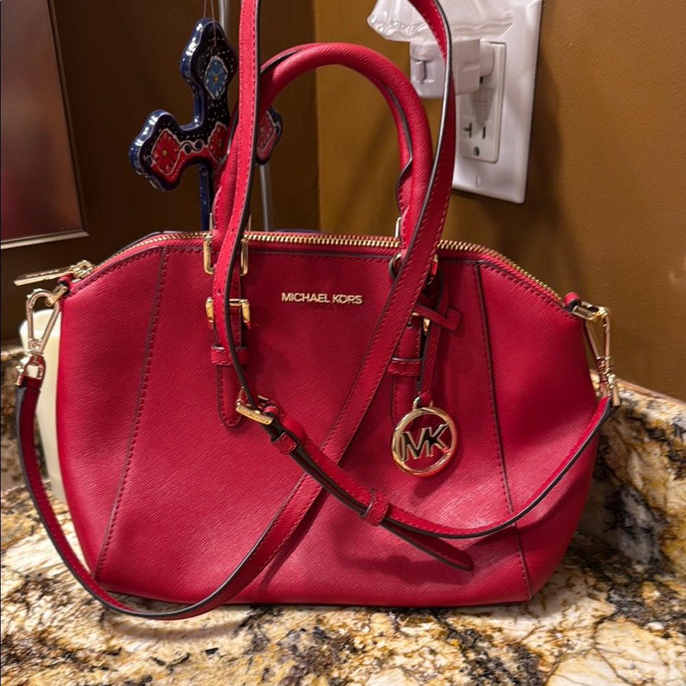 Michael Kors Red Satchel with Gold Accents